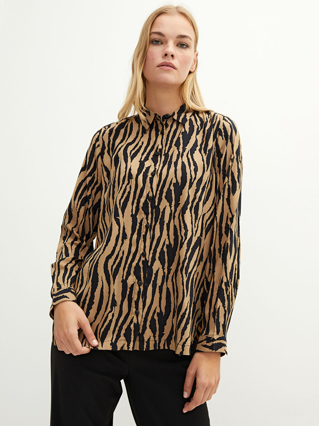 Front Button Closure Patterned Long Sleeve Viscose Women's Shirt-1