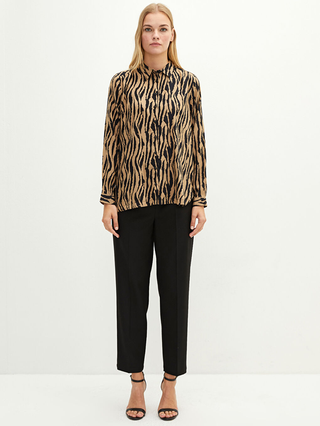 Front Button Closure Patterned Long Sleeve Viscose Women's Shirt-3