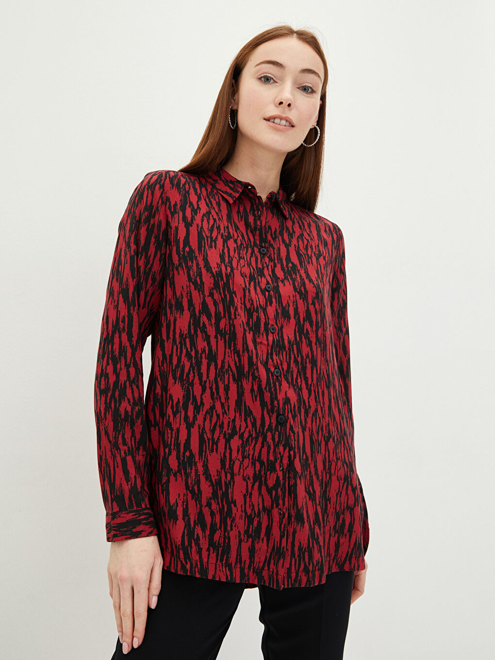 Front Button Closure Patterned Long Sleeve Viscose Women's Shirt