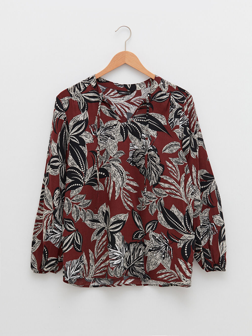 بلوزة للسيدات بأكمام طويلة وياقة مربوطة ونقشة منقوشة من قماش الفيسكوز-5