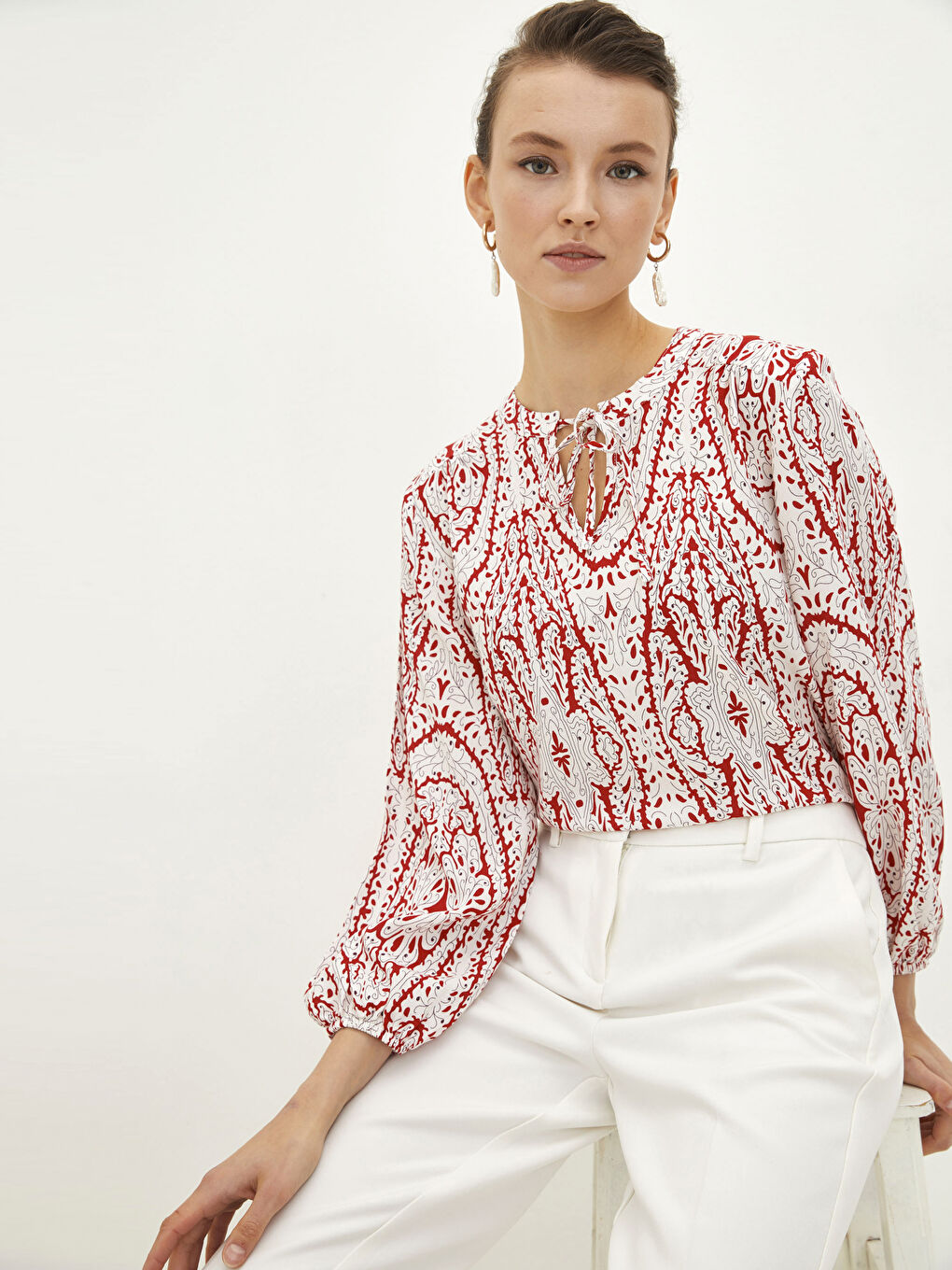 Tie Neck Patterned Long Sleeve Viscose Women's Blouse