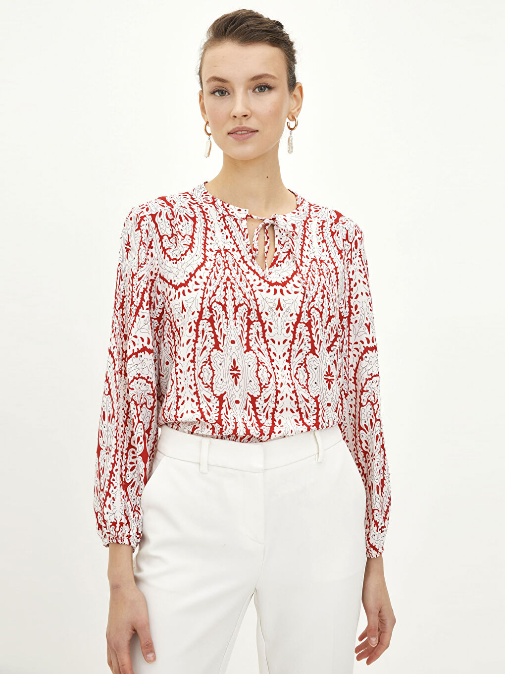 Tie Neck Patterned Long Sleeve Viscose Women's Blouse-1