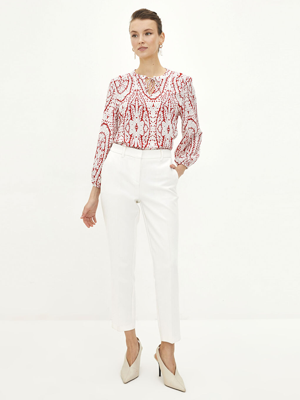 Tie Neck Patterned Long Sleeve Viscose Women's Blouse-2