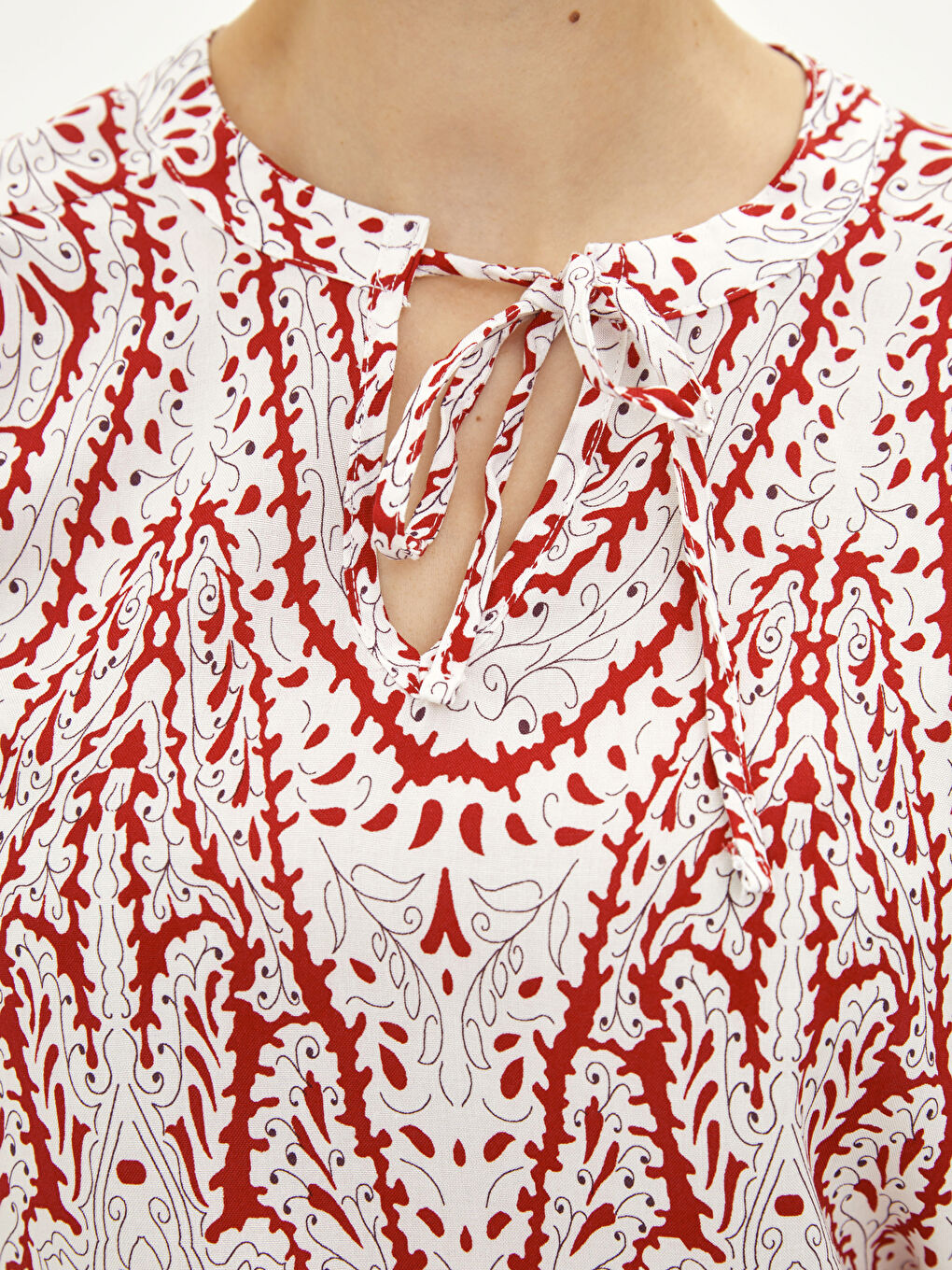 Tie Neck Patterned Long Sleeve Viscose Women's Blouse-3