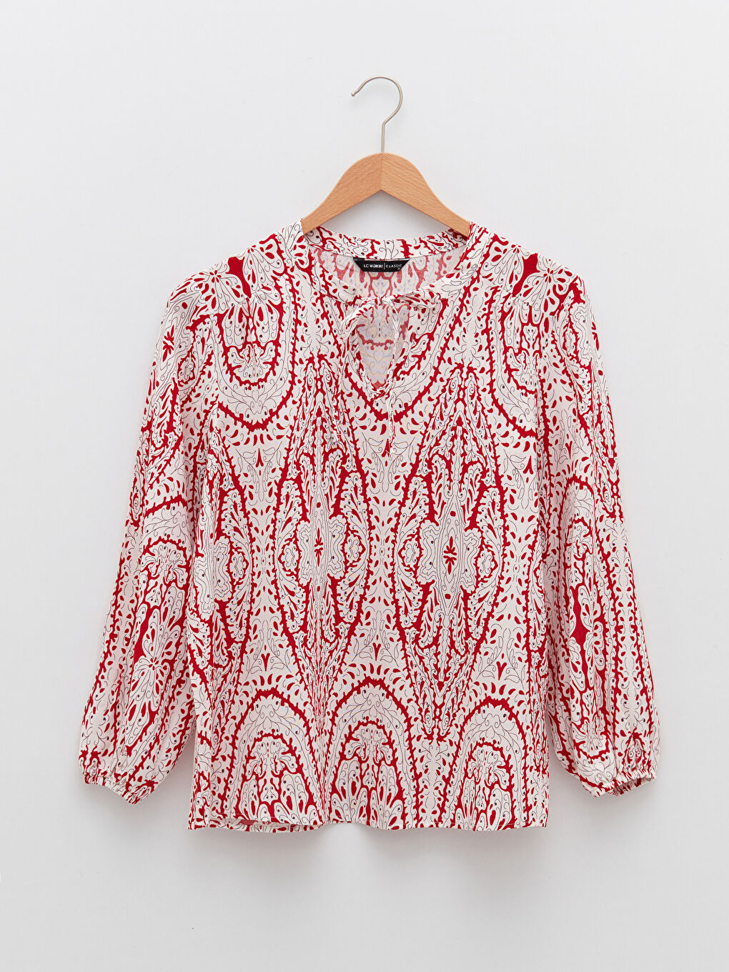 Tie Neck Patterned Long Sleeve Viscose Women's Blouse-5