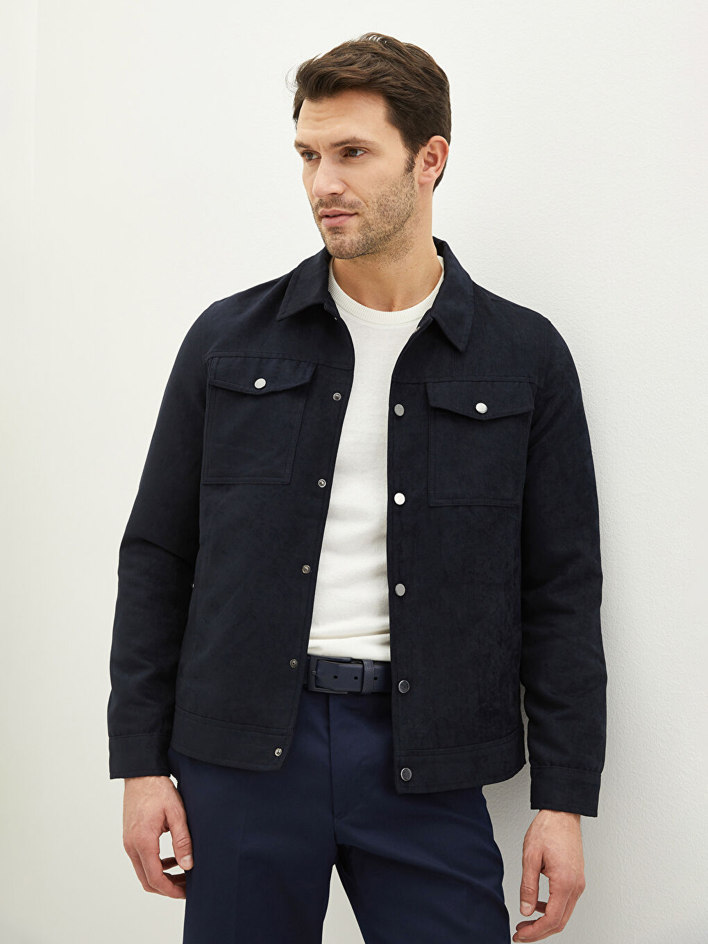 Lacivert Standart Kalıp Gömlek Yaka Erkek Deri Görünümlü Mont