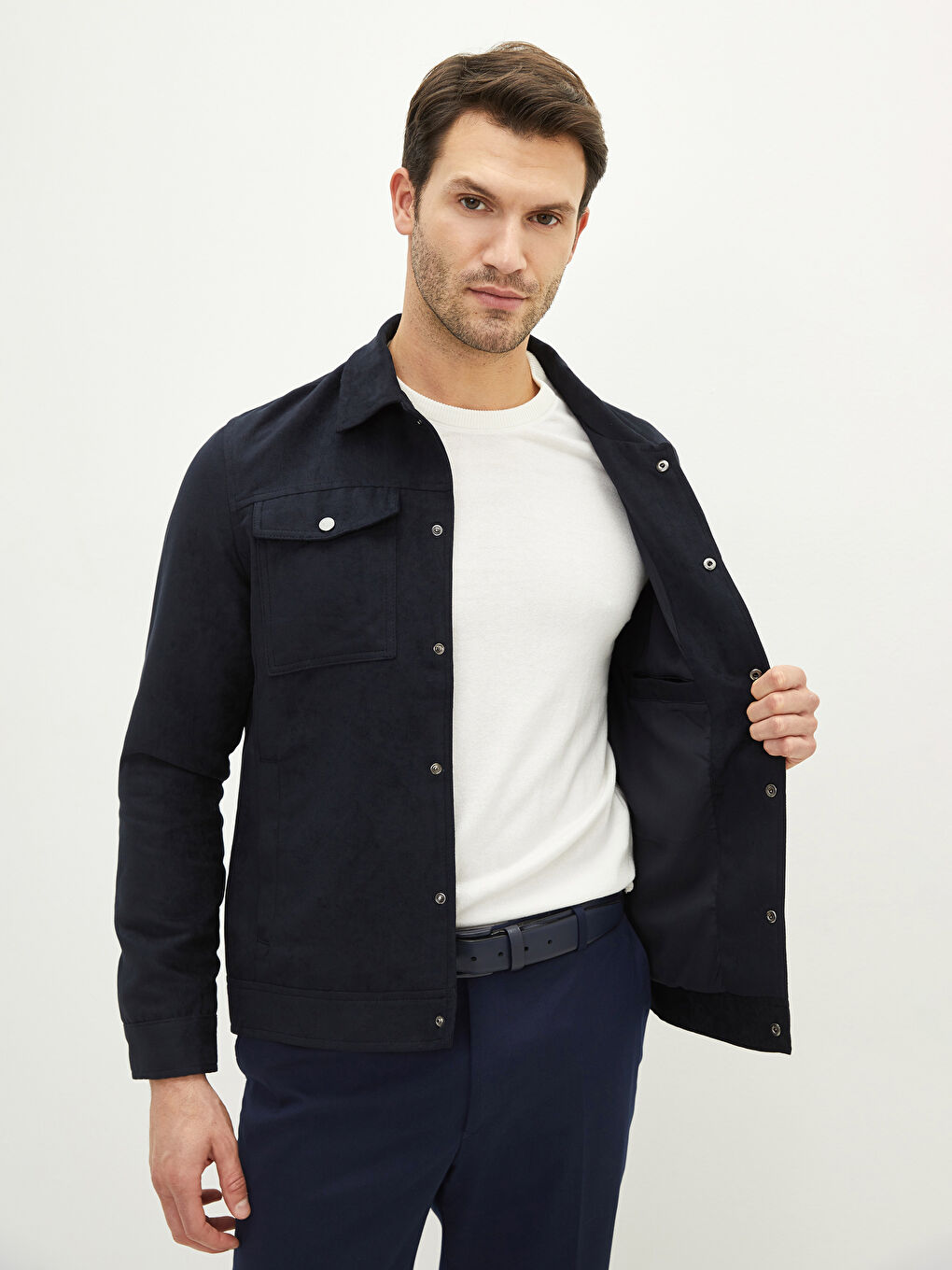 Lacivert Standart Kalıp Gömlek Yaka Erkek Deri Görünümlü Mont-1