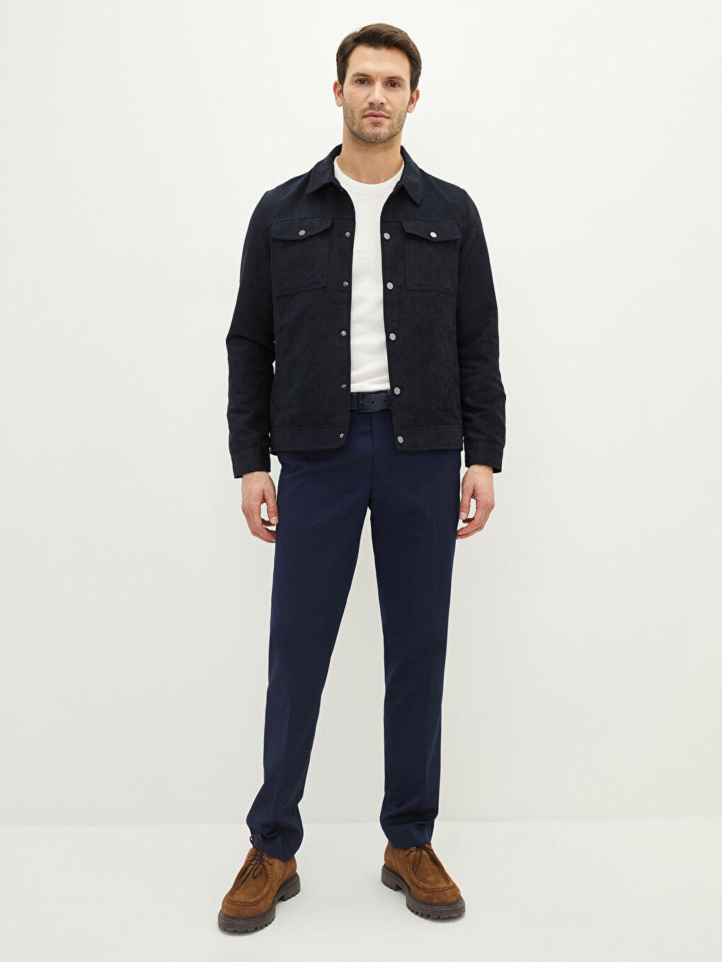 Lacivert Standart Kalıp Gömlek Yaka Erkek Deri Görünümlü Mont-2