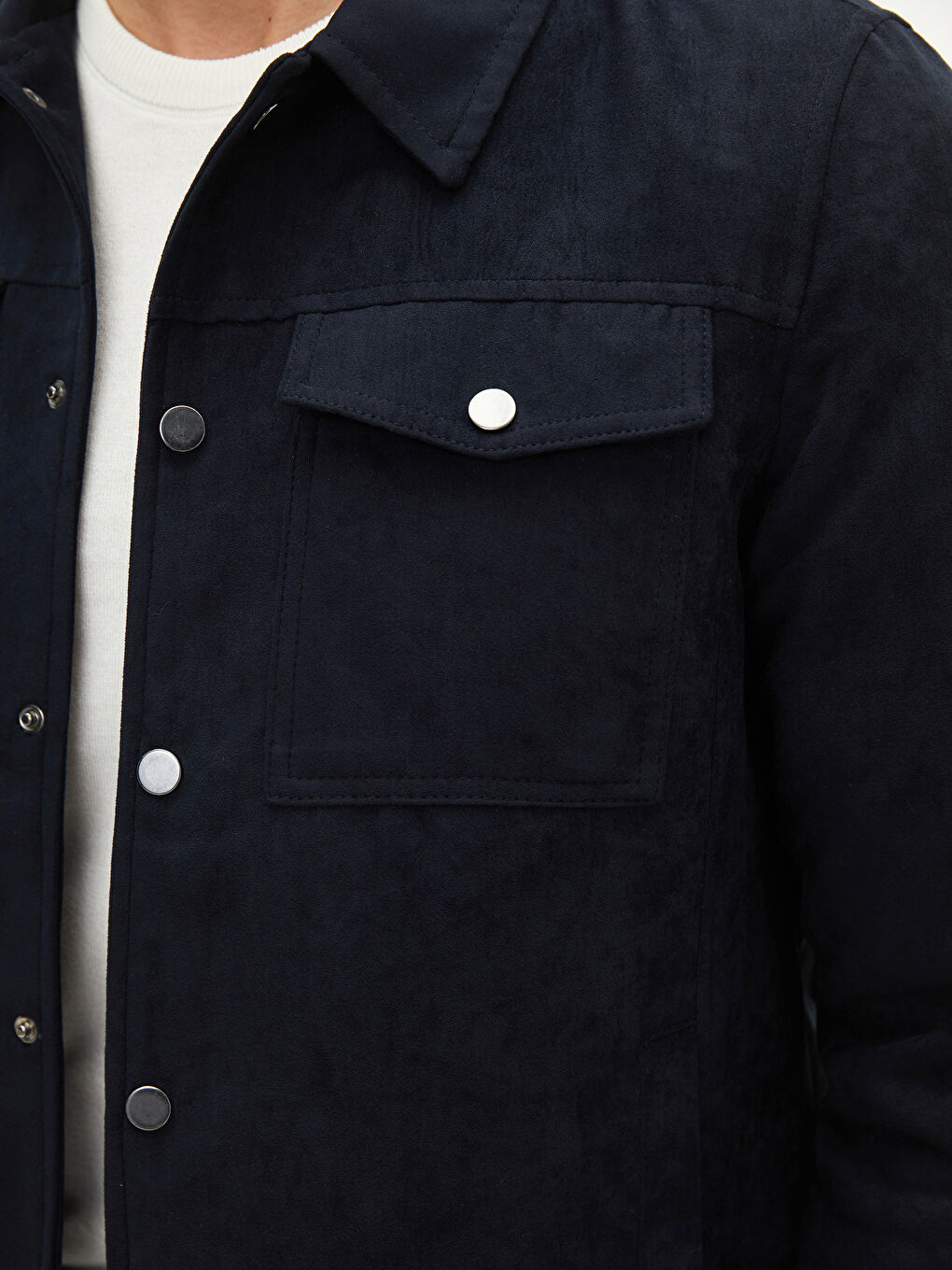 Lacivert Standart Kalıp Gömlek Yaka Erkek Deri Görünümlü Mont-3