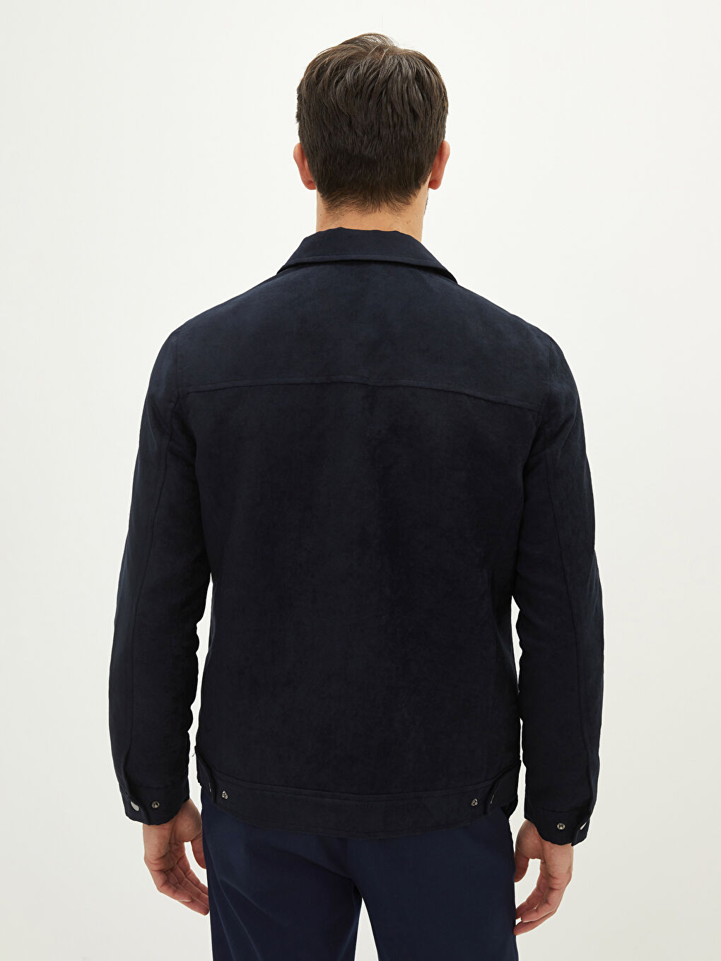 Lacivert Standart Kalıp Gömlek Yaka Erkek Deri Görünümlü Mont-4