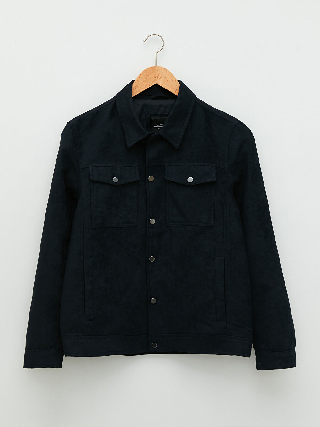 Lacivert Standart Kalıp Gömlek Yaka Erkek Deri Görünümlü Mont-5