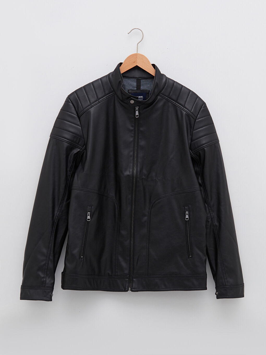 معطف جلد صناعي للرجال بياقة الدراجين النارية وقصة عادية-5