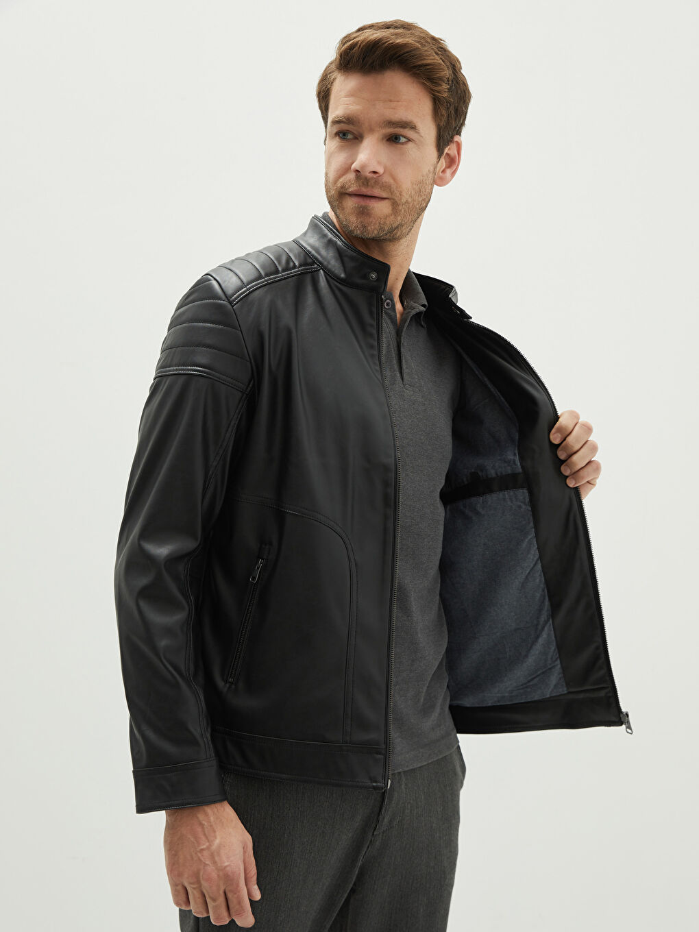 معطف جلد صناعي للرجال بياقة الدراجين النارية وقصة عادية-1