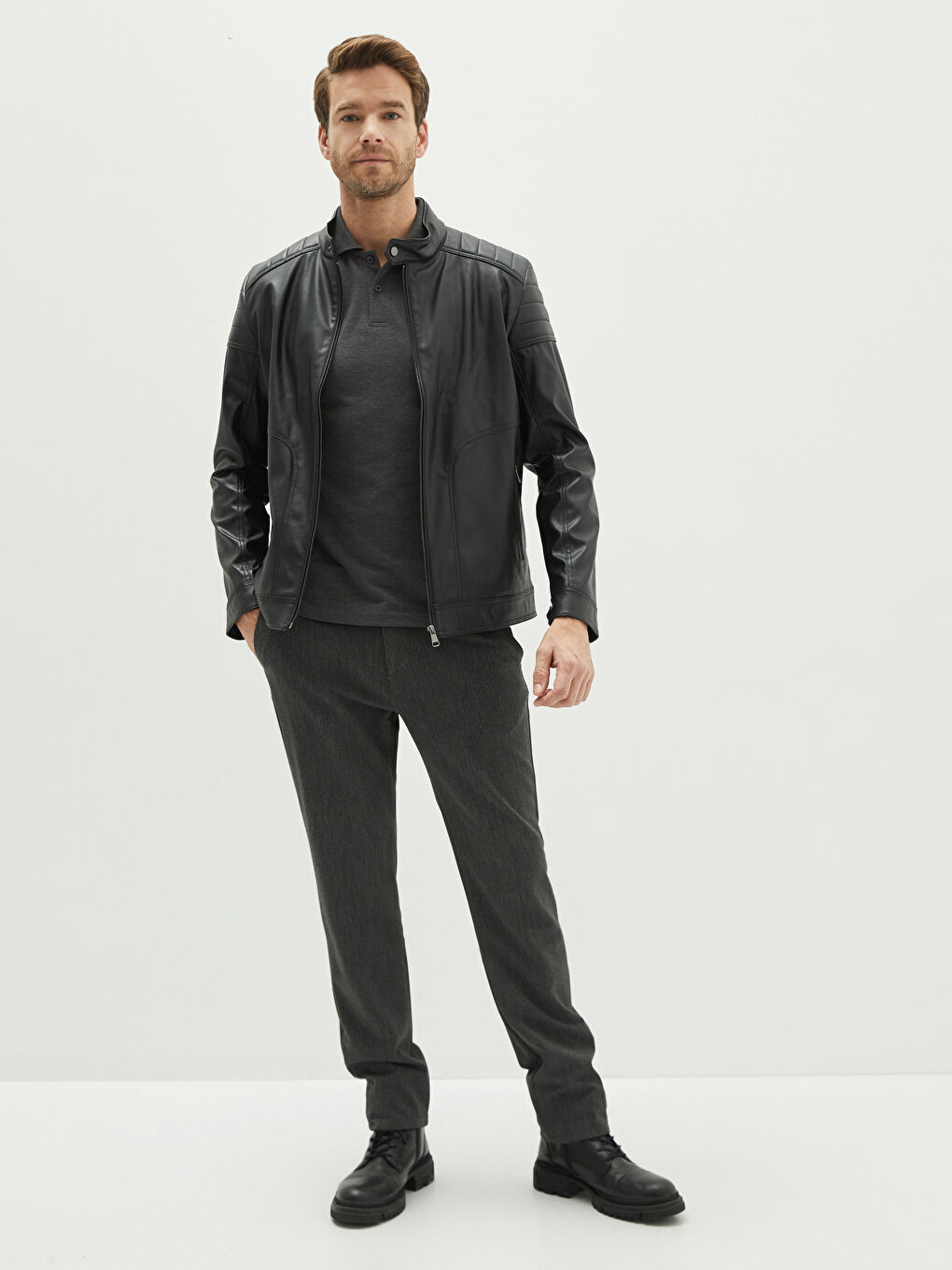 معطف جلد صناعي للرجال بياقة الدراجين النارية وقصة عادية-2