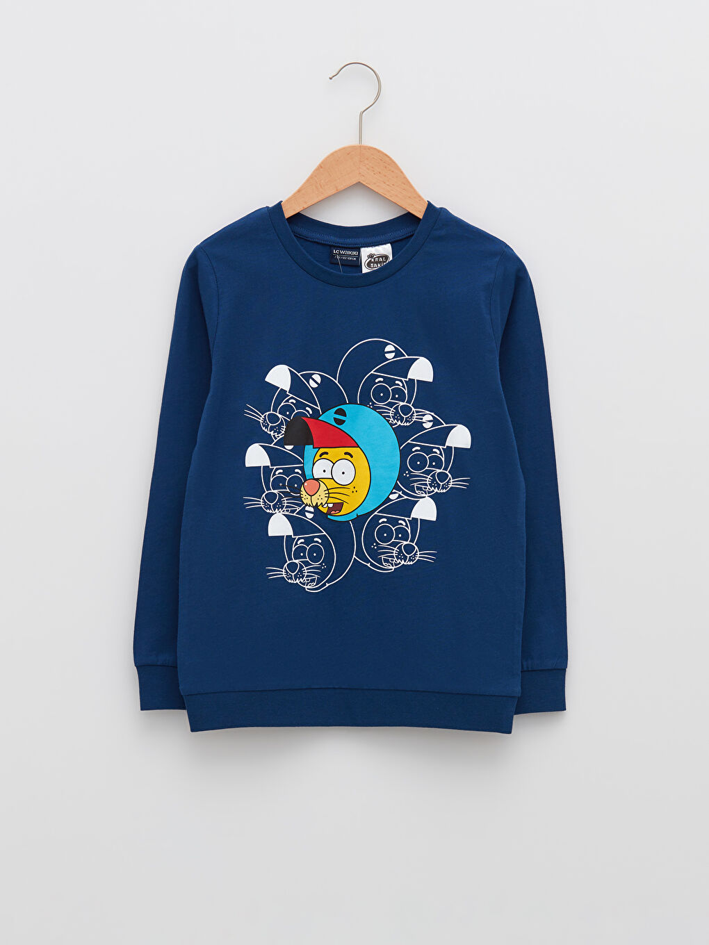 Lacivert Bisiklet Yaka Kral Şakir Baskılı Uzun Kollu Erkek Çocuk Sweatshirt