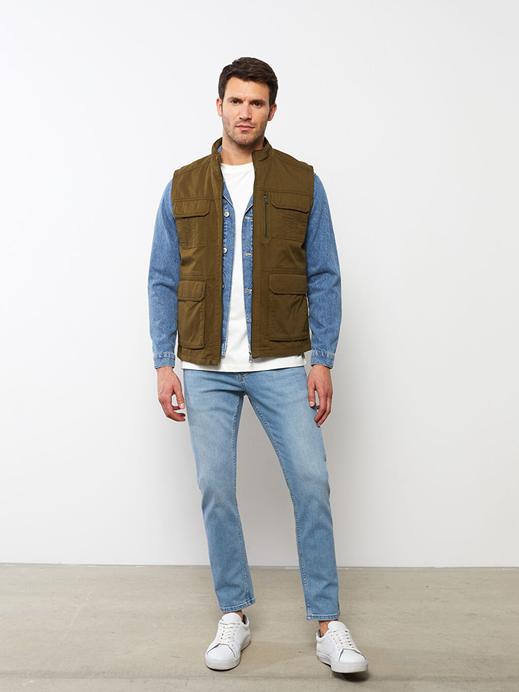 Haki Standart Kalıp Dik Yaka Erkek Avcı Yeleği