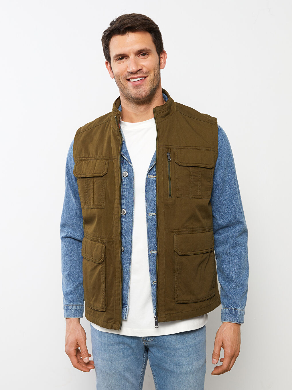 Haki Standart Kalıp Dik Yaka Erkek Avcı Yeleği-1