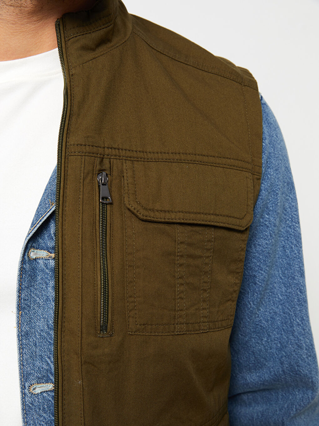 Haki Standart Kalıp Dik Yaka Erkek Avcı Yeleği-3