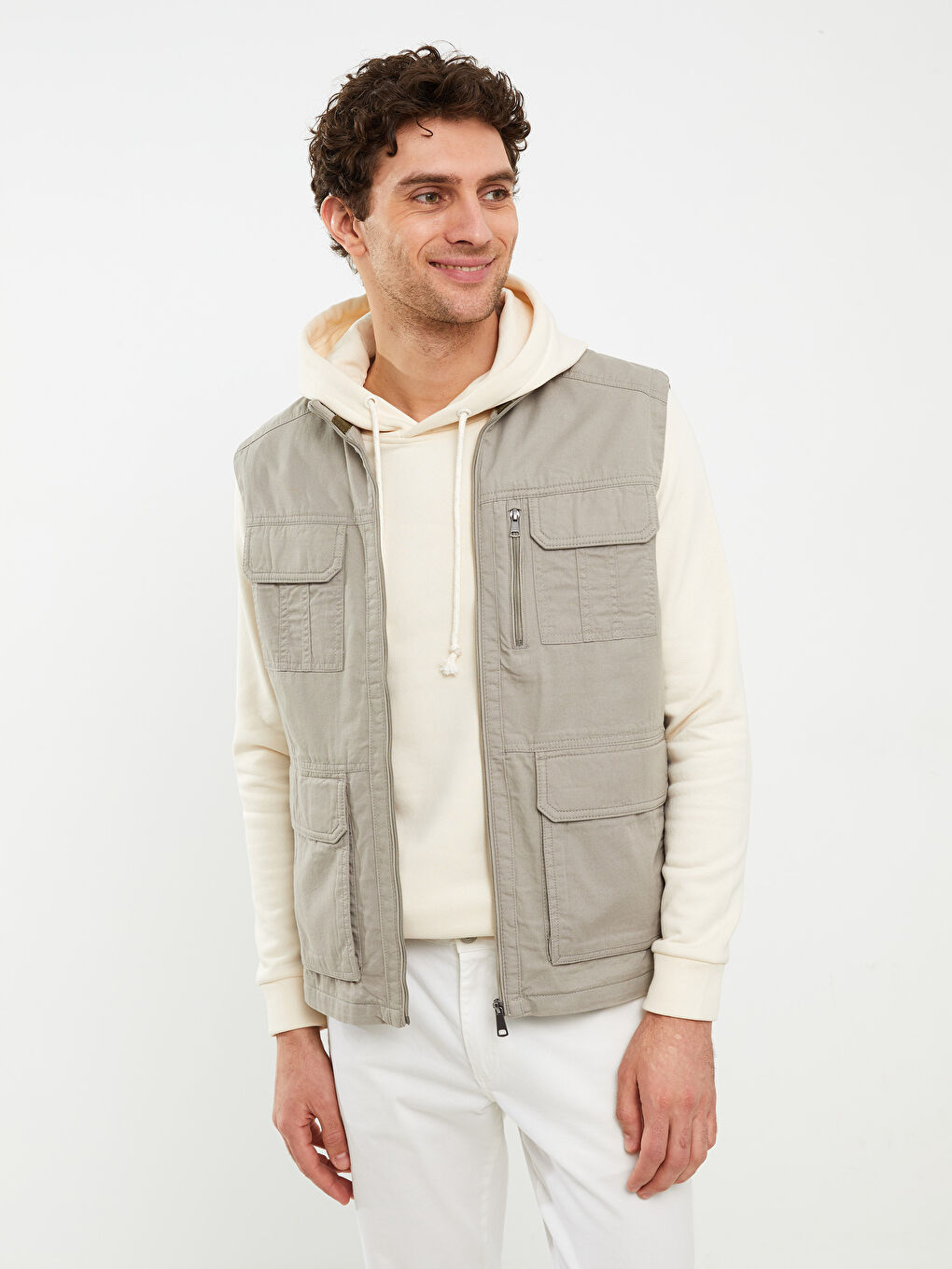 Bej Standart Kalıp Dik Yaka Erkek Avcı Yeleği-1