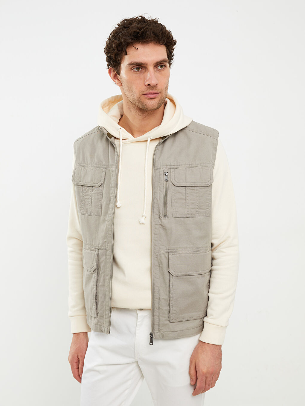 Bej Standart Kalıp Dik Yaka Erkek Avcı Yeleği-2