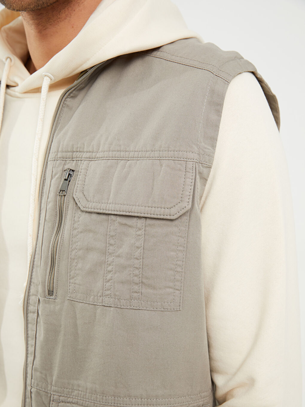 Bej Standart Kalıp Dik Yaka Erkek Avcı Yeleği-3