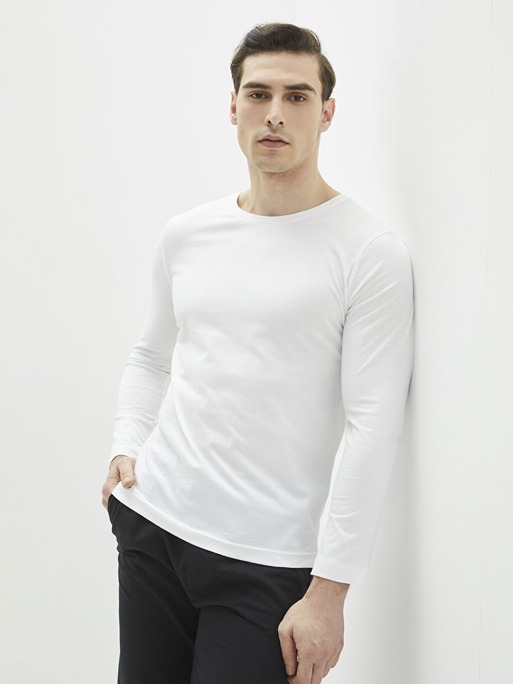 Beyaz Bisiklet Yaka Uzun Kollu Pamuklu Erkek Atlet