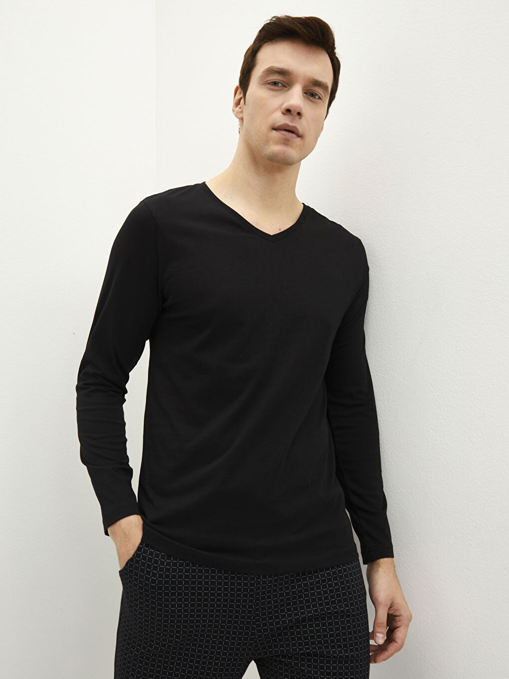 V-Neck Long Sleeve Cotton Men's Undershirt