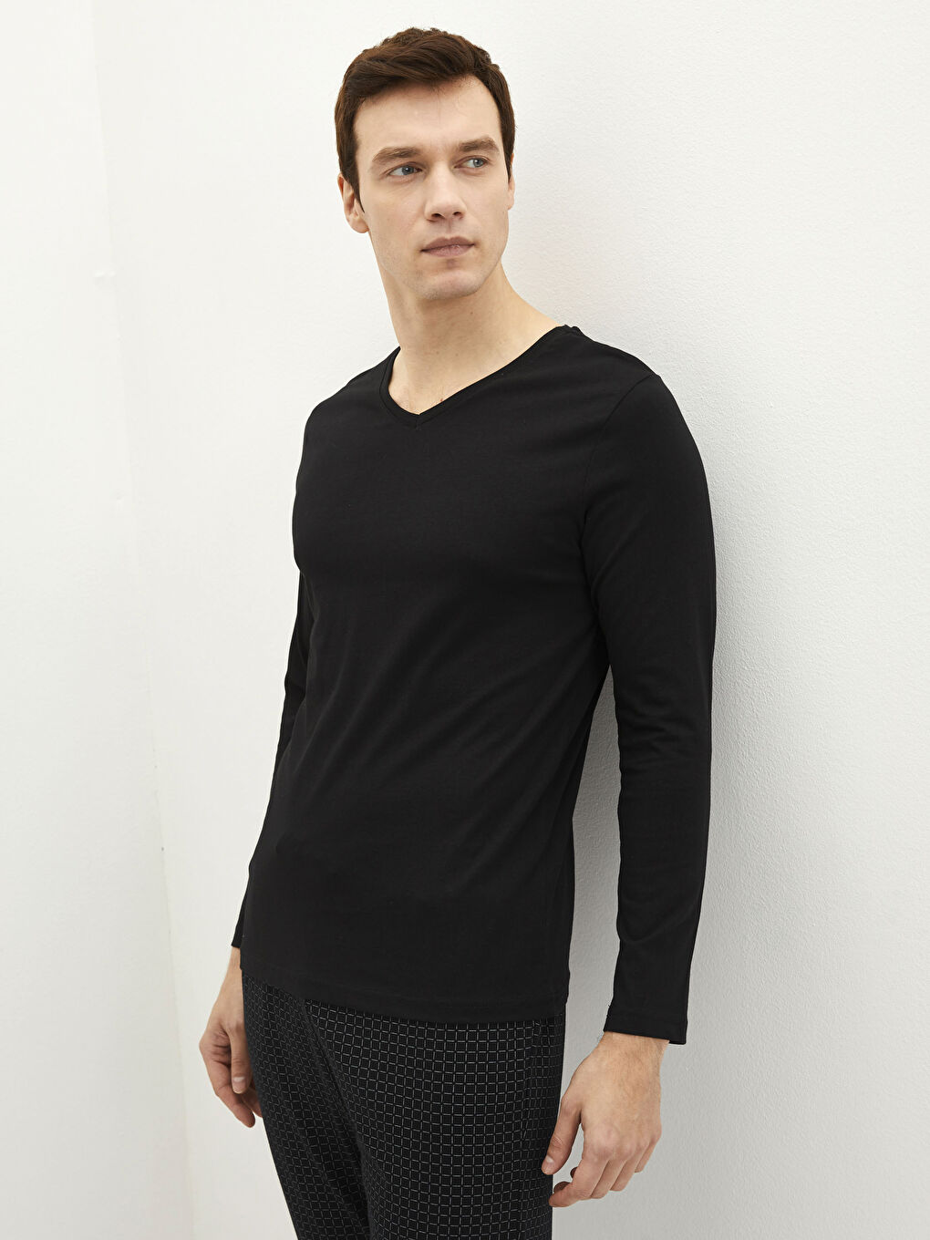 V-Neck Long Sleeve Cotton Men's Undershirt-1