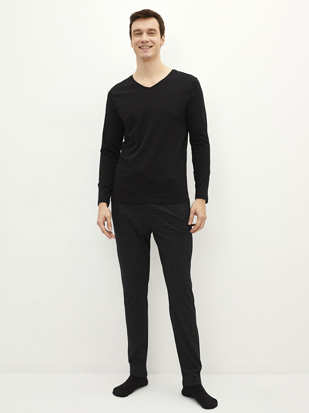 V-Neck Long Sleeve Cotton Men's Undershirt-2