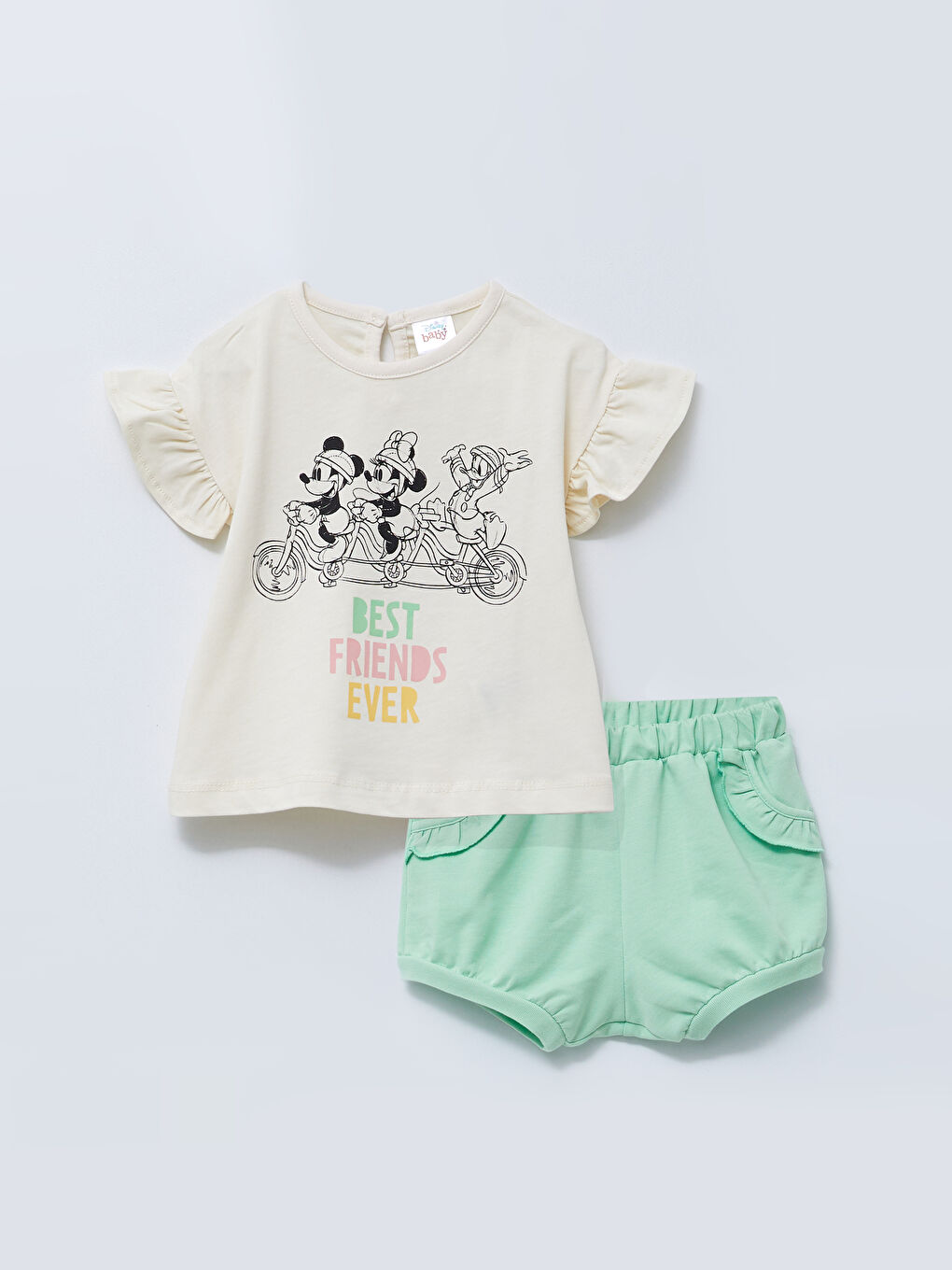 تي شيرت بناتي قطن بأكمام قصيرة ورقبة دائرية وطبعة ميني ماوس وشورت طقم قطعتين