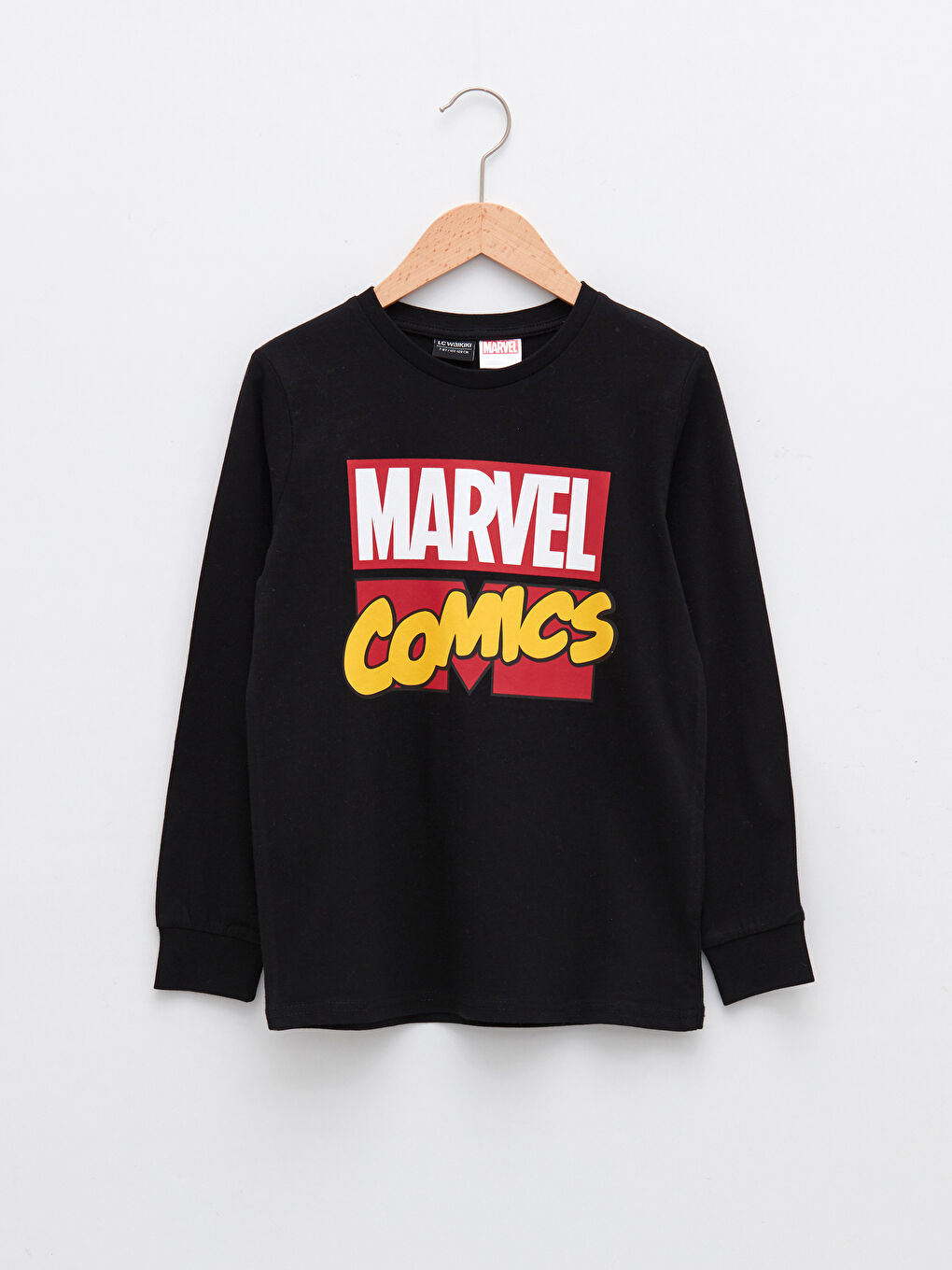 Siyah Bisiklet Yaka Marvel Baskılı Uzun Kollu Erkek Çocuk Tişört