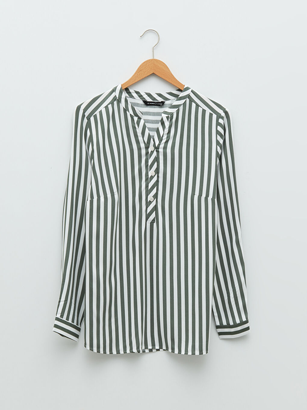 Haki Kaçık Yaka Çizgili Uzun Kollu Viskon Kadın Bluz-9