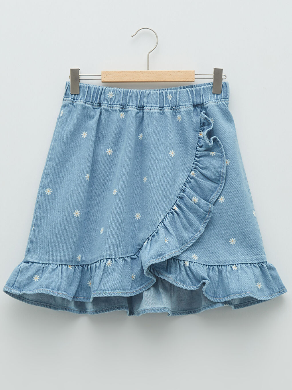 تنورة جينز للبنات بتفاصيل كشكش مطبوعة وخصر مطاطي