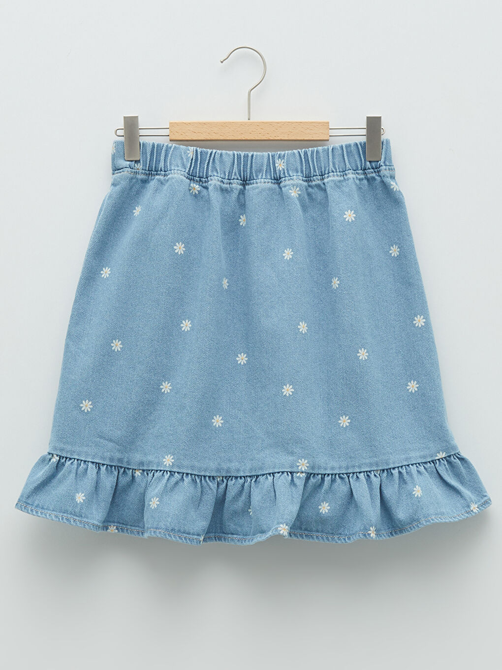 تنورة جينز للبنات بتفاصيل كشكش مطبوعة وخصر مطاطي-1