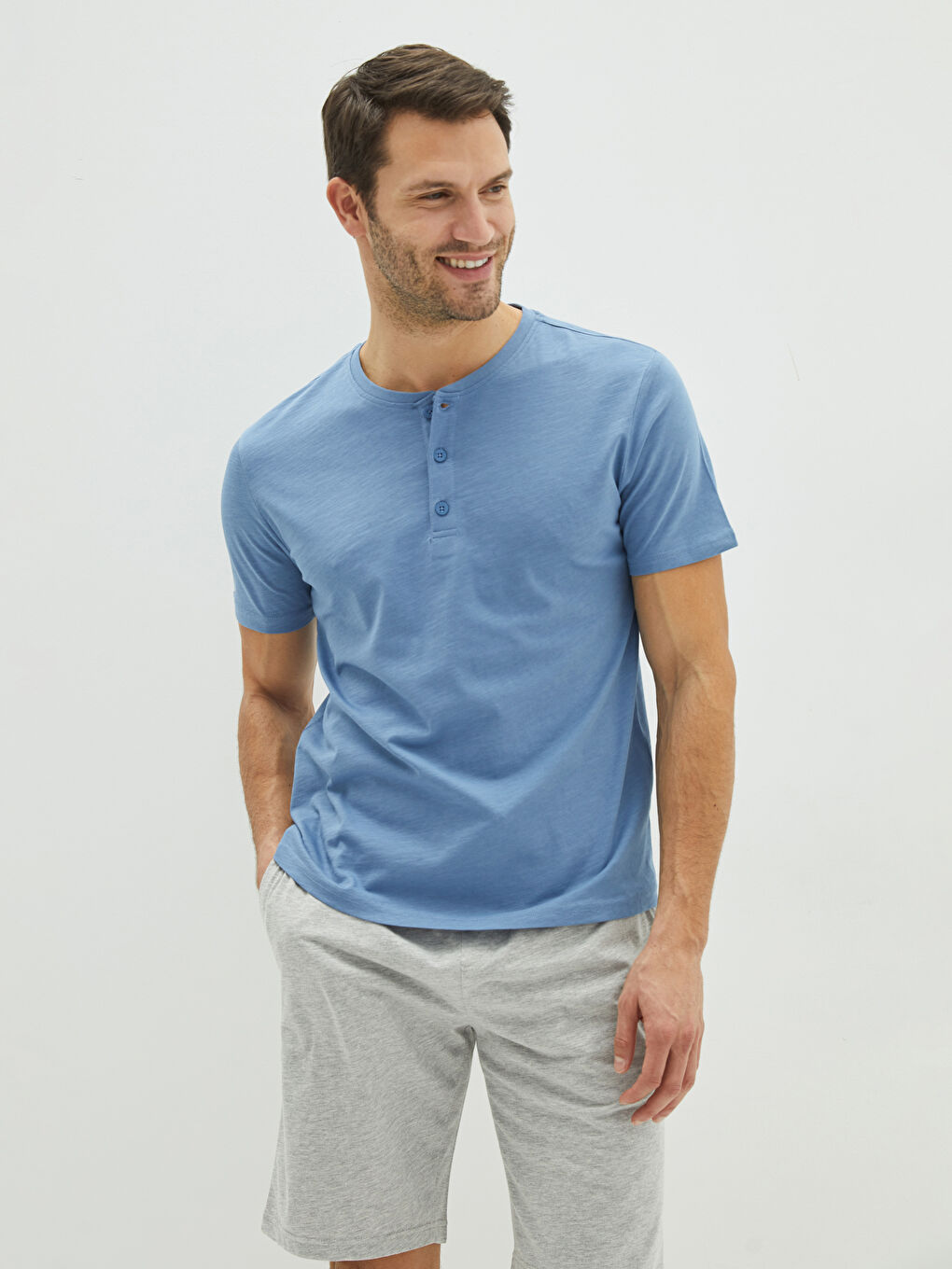 Mavi Bisiklet Yaka Kısa Kollu Pamuklu Erkek Atlet