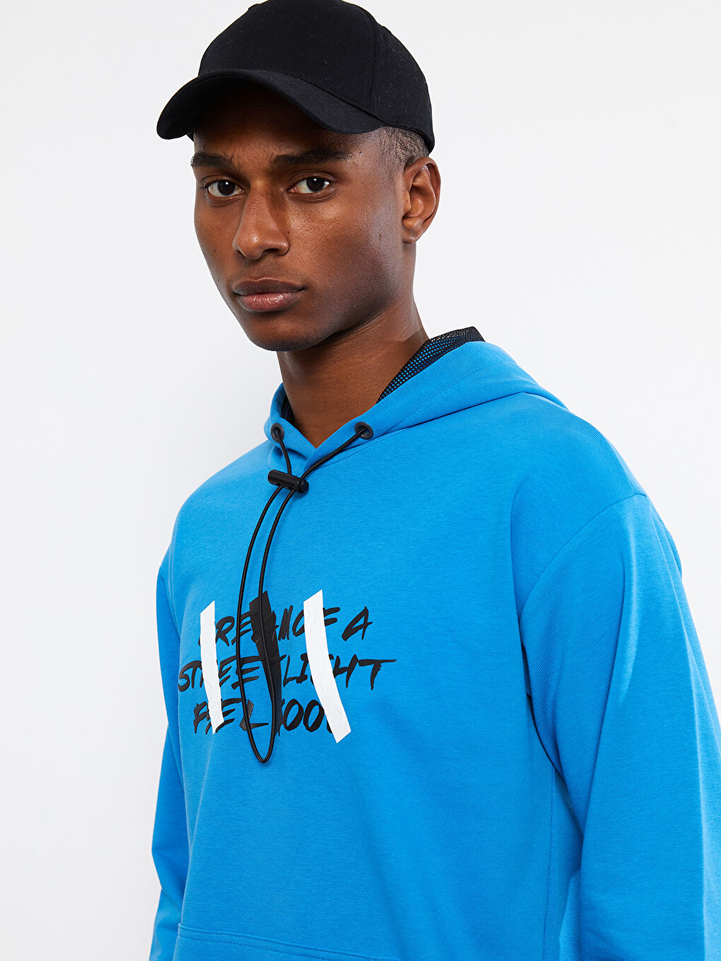 Mavi Uzun Kollu Baskılı Erkek Hoodie-2