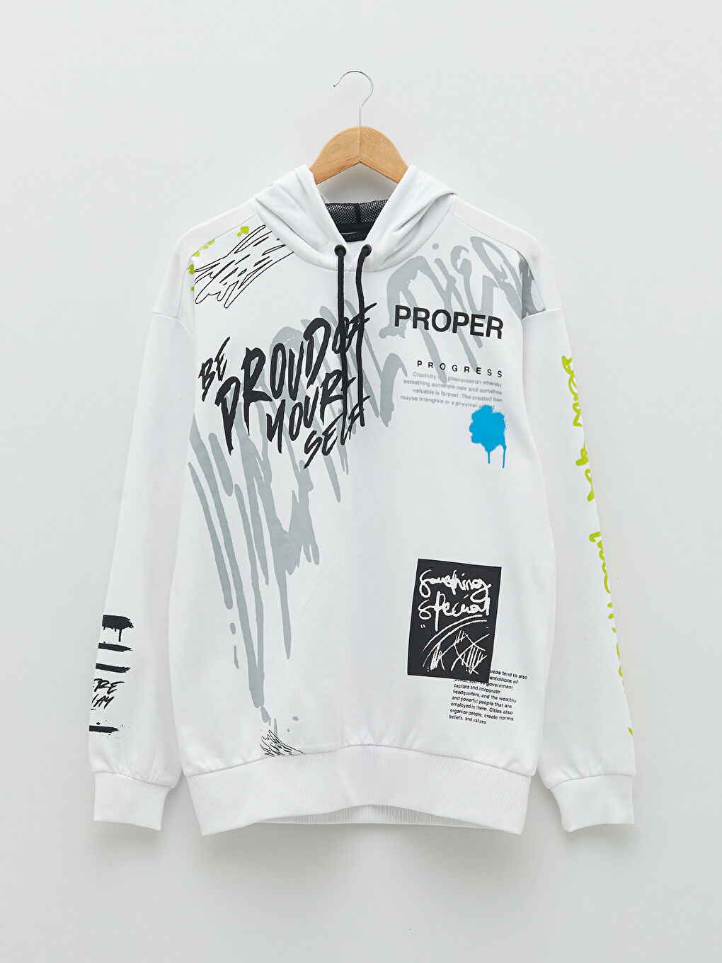 Beyaz Uzun Kollu Baskılı Erkek Hoodie-5