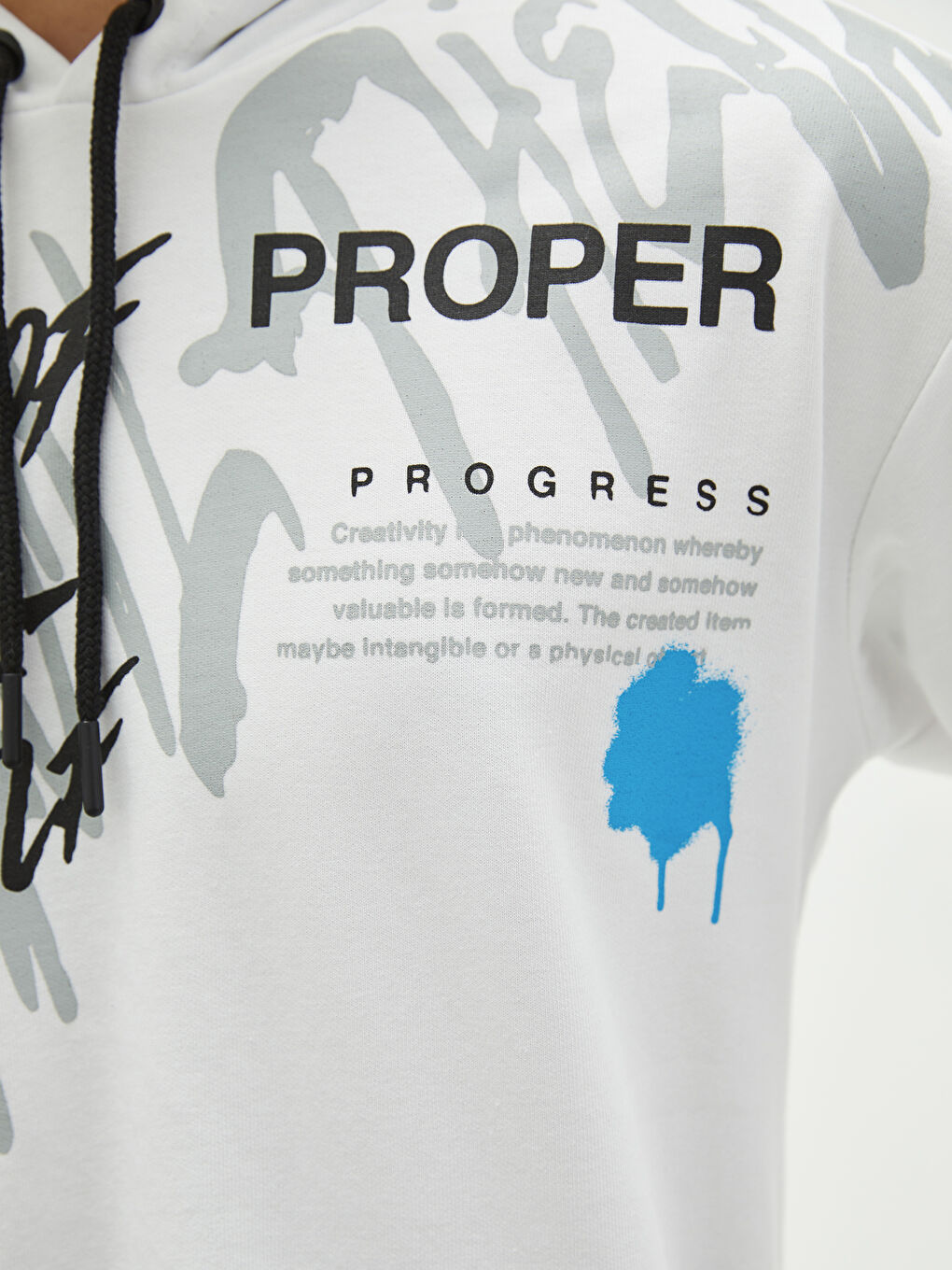 Beyaz Uzun Kollu Baskılı Erkek Hoodie-3