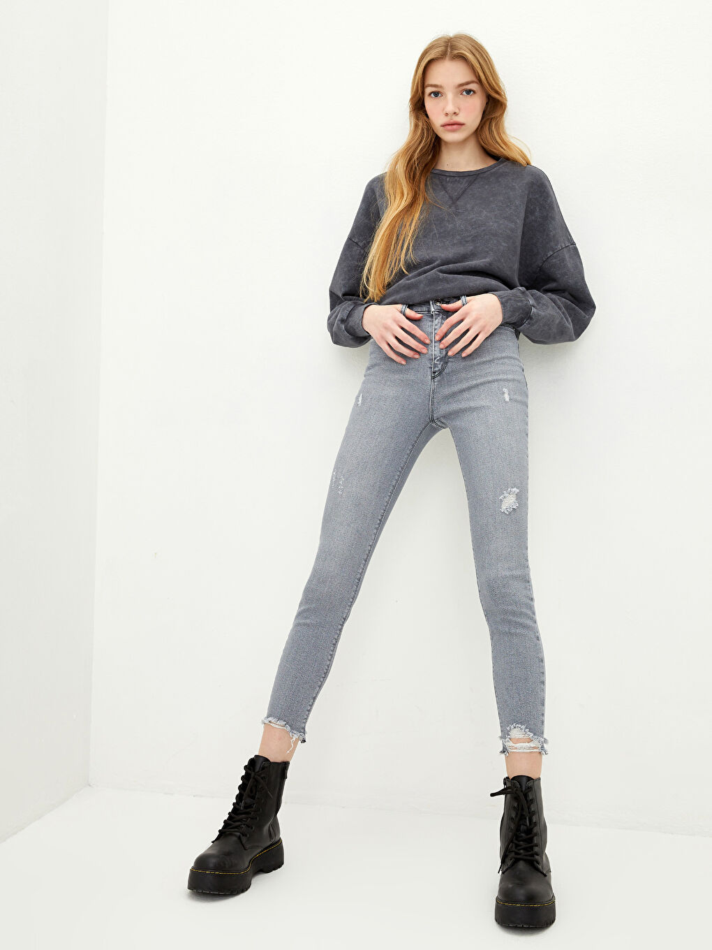 Gri Yüksek Bel Jüpiter Süper Skinny Fit Kadın Jean Pantolon