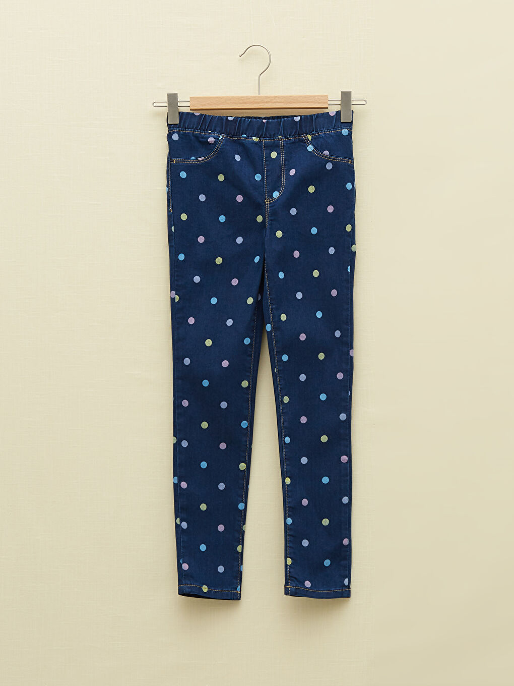 İndigo Beli Lastikli Super Skinny Fit Puantiyeli Kız Çocuk Jean Pantolon