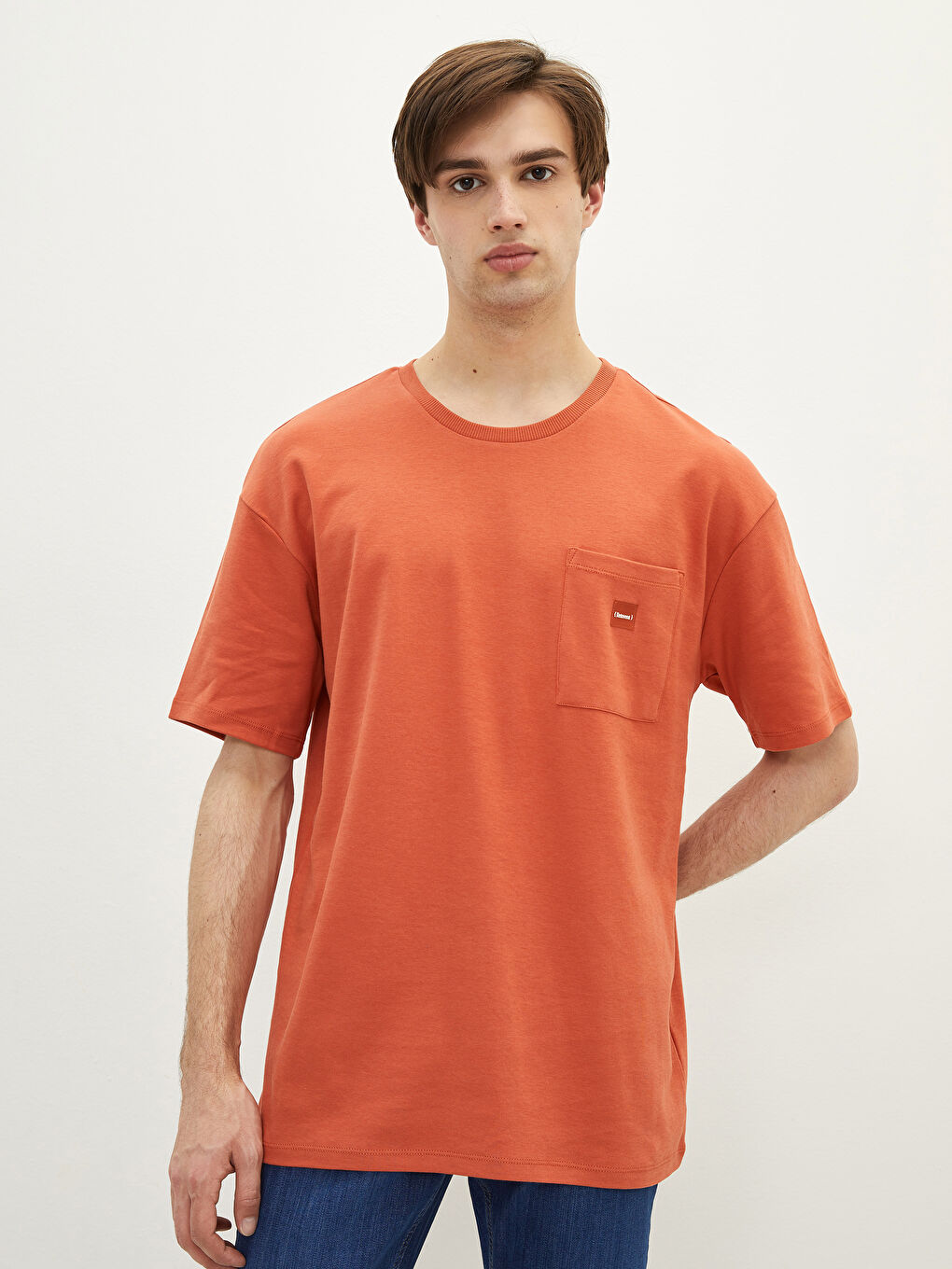 Turuncu Bisiklet Yaka Kısa Kollu Pamuklu Erkek Tişört-1