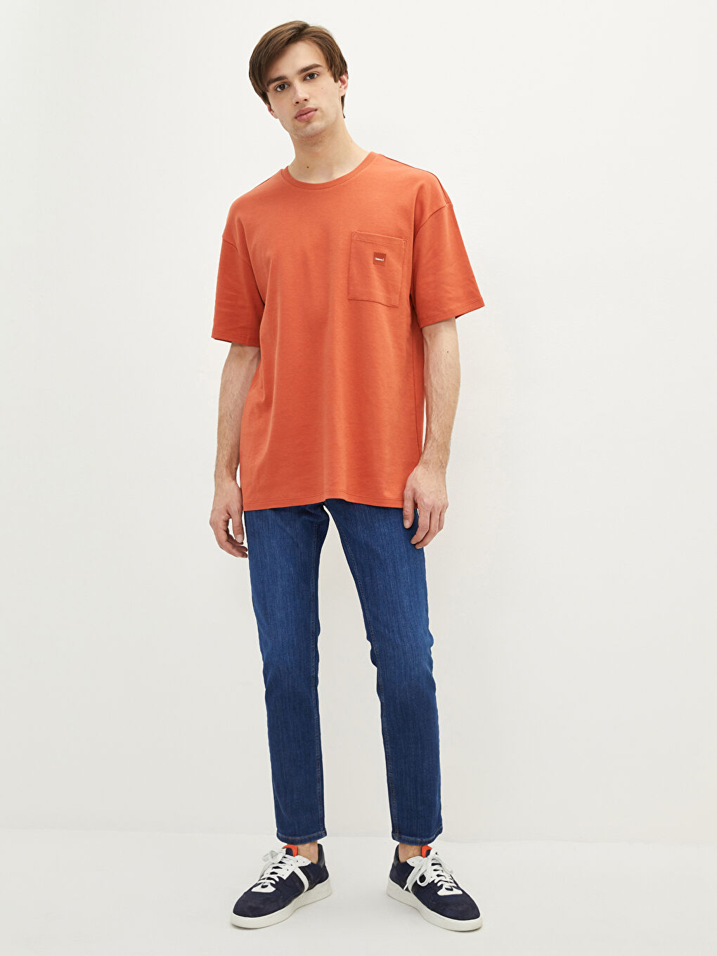 Turuncu Bisiklet Yaka Kısa Kollu Pamuklu Erkek Tişört-2