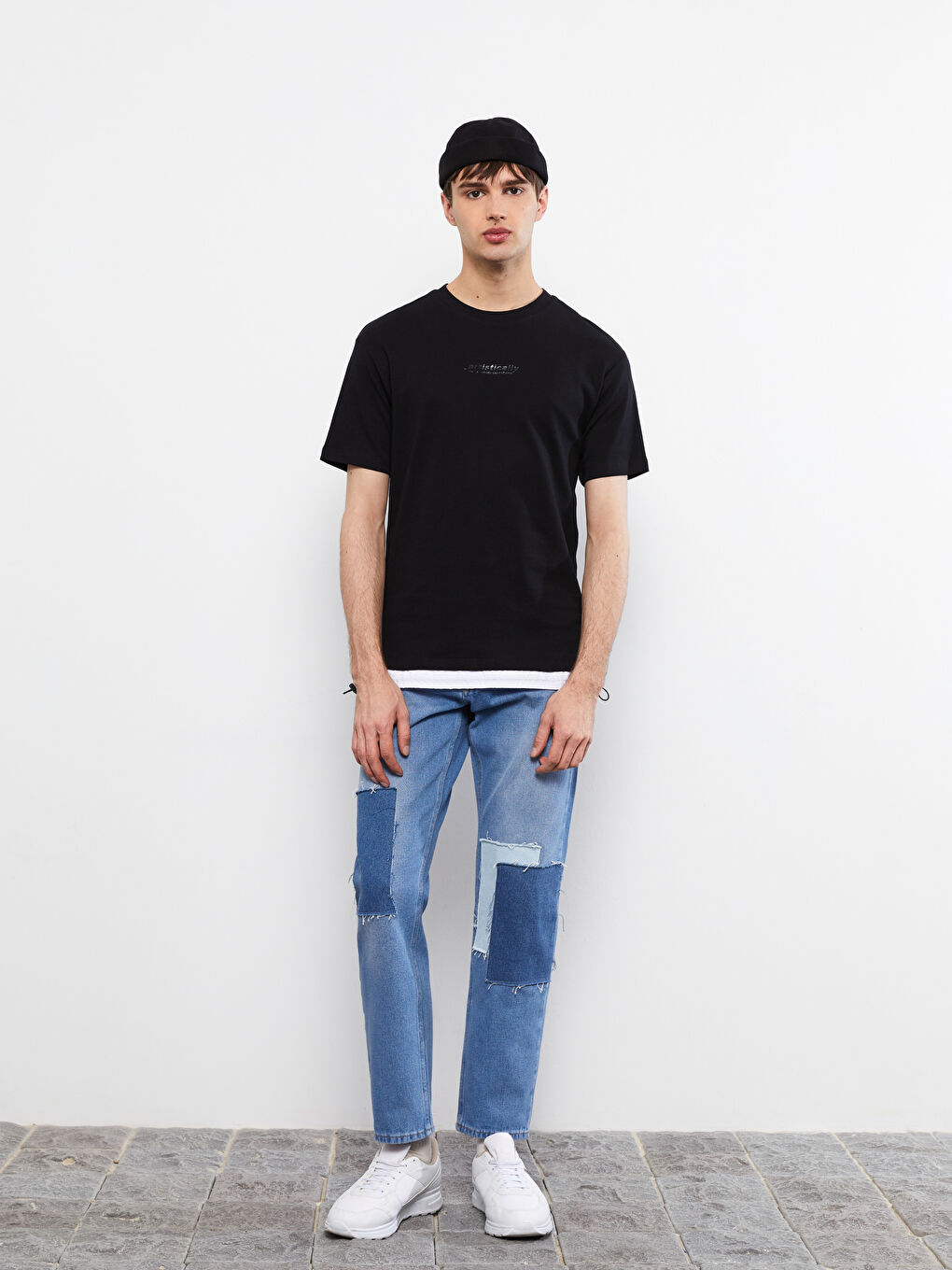 Siyah Bisiklet Yaka Kısa Kollu Baskılı Erkek Sweatshirt