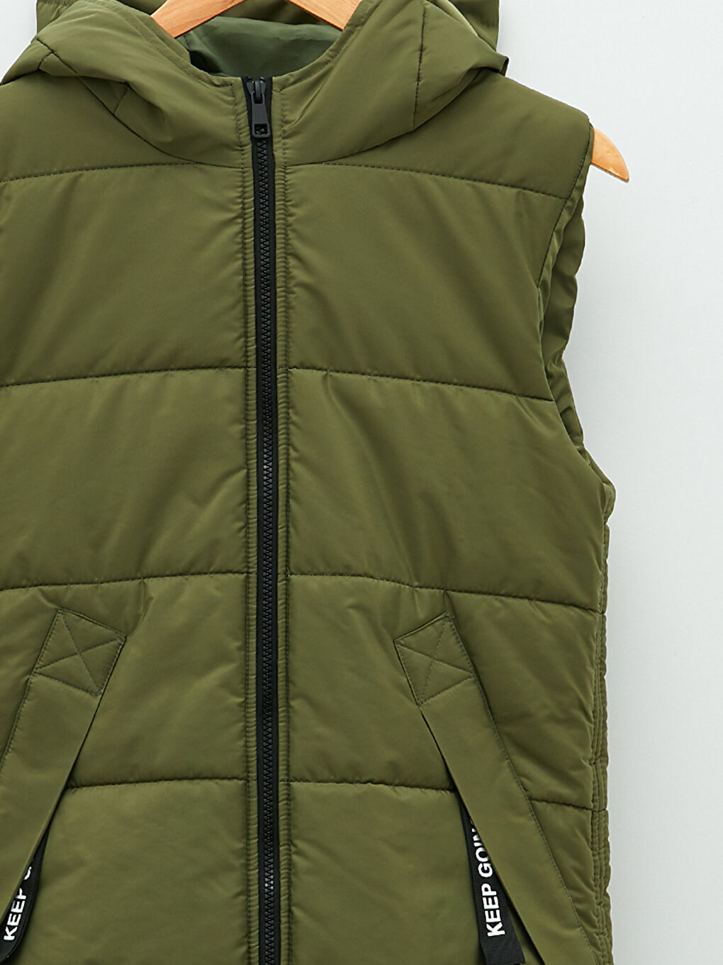 Haki Kapüşonlu Düz Cep Detaylı Kadın Şişme Yelek-8