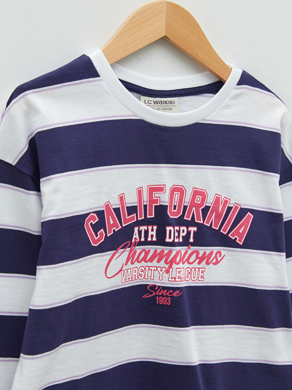 Lacivert Bisiklet Yaka Çizgili Uzun Kollu Pamuklu Kız Çocuk Tişört-2