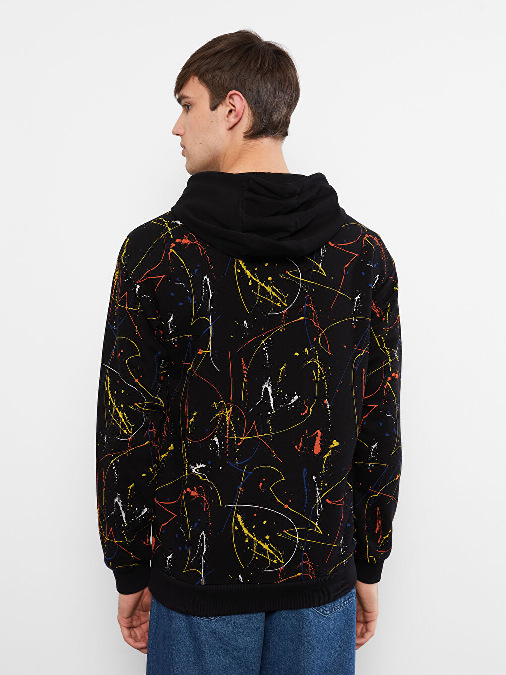 Siyah Uzun Kollu Desenli Erkek Hoodie-4