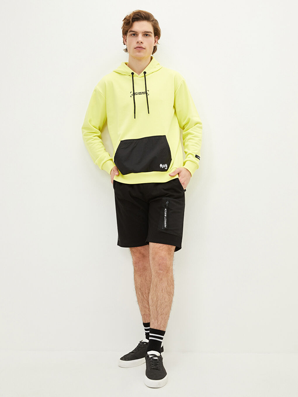 Sarı Uzun Kollu Renk Bloklu Erkek Hoodie-2