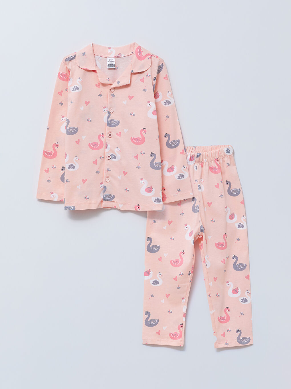 Pembe Polo Yaka Uzun Kollu Baskılı Pamuklu Kız Bebek Pijama Takım
