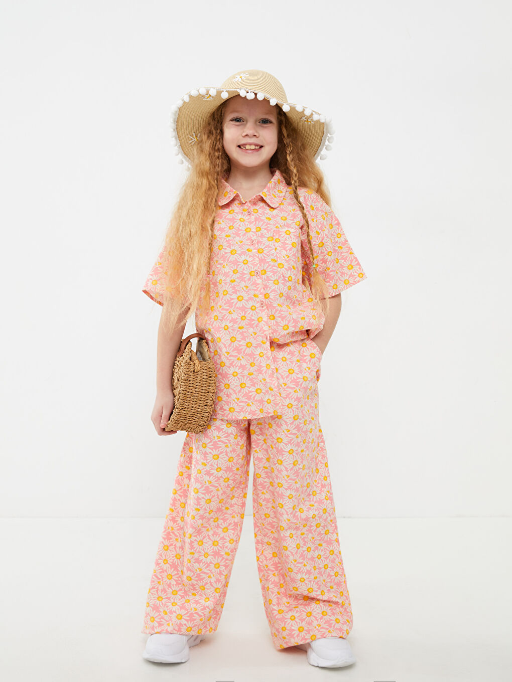 Set Cămașă și Pantaloni Fată Poplin cu Mânecă Scurtă și Imprimeu