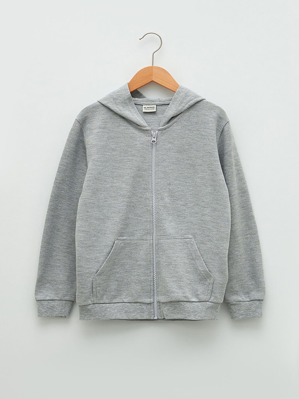 Gri Kapüşonlu Basic Uzun Kollu Erkek Çocuk Fermuarlı Sweatshirt